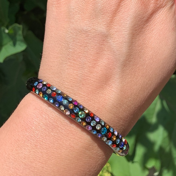 Black Acrylic Cuff Bracelet For Women With Mixed Swarovski Crystals by Lara Glam - Picture 10 of 13